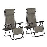 Lavish Home Gray Zero Chairs-Set of 2 Folding Anti-Gravity Recliners-Side Table, Cup Holder & Pillow-for Outdoor Lounging