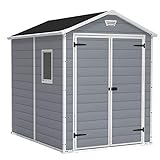 Keter Manor 6 x 8 Foot All Weather Garden Tool Outdoor Storage Shed with Lockable Double Doors, Fixed Window and Wood-Look Plastic Walls, Gray