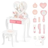 HONEY JOY Kids Vanity, Toddler Wooden Makeup Vanity Table & Chair Set, 10 Pcs Pretend Play Dressing Accessories Toy, Tri-Fold Princess Mirror, Little Girls Vanity Set with Mirror and Stool, White