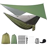 FIRINER Camping Hammock with Rain Fly Tarp and Mosquito Net Tent Tree Straps, Portable Single Double Nylon Parachute Hammock Rainfly Set for Backpacking Hiking Travel Yard Outdoor Activities Green