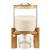 Vuinop Rice Dispenser, Rice Storage Container：Flour and Cereal Container with Airtight Lid and Wooden Stand, Glass Food Storge Container for Kitchen Organization and Pantry Store (5L)