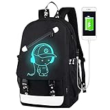 FLYMEI Anime Luminous Backpack for Boys, 15.6'' Laptop Backpack with USB Charging Port, Bookbag for School with Anti-Theft Lock, Black Teens Backpack Cool Backpack for Boys