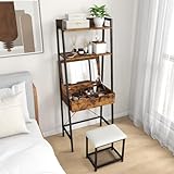 CHARMAID Ladder Vanity Desk Set - Makeup Vanity Table with Flip Top Mirror, Cushioned Stool, 4 Storage Compartments, Open Shelves, Girls Dressing Table for Small Space (Rustic Brown & Black)