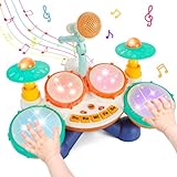 Kids Drum Set Baby Drum - 4 Beats Flash Light Toddler Drum Set with Microphone, 6 in 1 Baby Drum & Piano Set with 10 Music, Musical Instruments Birthday Gifts for Boys and Girls 6 to 12 Months