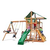 Gorilla Playsets 01-1083 Avalon Treehouse Wooden Swing Set with Oversized Green Vinyl Canopy Roof, Monkey Bars, Climbing Wall, Ladder, Swings and Slide