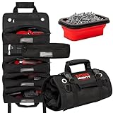 Mighty Red Ant - Tool Roll | Roll Up Tool Bag | Tool Roll Organizer | Wrench Roll Up Pouch W/5 Large Detachable Pouches | Tool Bags for Men W/Magnetic Tray for Truck Motorcycle Electrician Mechanic