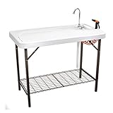 Tricam Large Deluxe Cleaning Table with Quick Connect Faucet, Sloped Surface, Wire Mesh Shelf and Folding Legs for Outdoor Use, White