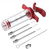 Meat Injector Syringe - 3 Marinade Injector Needles for BBQ Grill, Premium Portable Turkey Injector kit for Smoker,Marinades Injector for Meats With 1oz Large Capacity 1 Brush Easy to Use & Clean Red