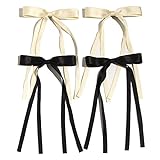 4pcs Hair Clips for Women Tassel Ribbon Bowknot With Long Tail, Clip Girl, Solid Accessories Barrettes Claw Bow (Black&Beige)