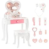 Costzon Kids Vanity Set, Girls Vanity Set with Mirror and Stool, Accessories, Drawer & Storage Shelf, Wooden Princess Makeup Dressing Table, Pretend Play Vanity Table and Chair Set for Toddlers, White