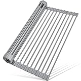 MERRYBOX Roll Up Dish Drying Rack, Over The Sink Dish Rack Foldable, Heat-Resistant, Anti-Slip Silicone Coated Steel Dish Drainer for Kitchen Sink, Multipurpose Roll Up Sink Drying Rack, 17.5' x 13'