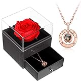 I Love You Necklace 100 Languages Projection Pendant Necklace with Red Rose Package Box Round Crystal Pendant Loving Memory Collarbone Necklace with Rose Jewelry for Valentine's Day (Rose Gold)