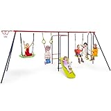 OLAKIDS Swing Sets for Backyard, 7 in 1 Outdoor 660LBS A-Frame Heavy Duty Metal Swing Stand with Monkey Bar for Kids, Playground Playset with Slide, 2 Swings, Glider, Trapeze Rings, Basketball Hoop