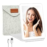 FUNTOUCH Rechargeable Travel Makeup Vanity Mirror with 72 LED Lights, Portable Lighted Makeup Beauty Mirror, 3 Lighting Modes, Dimmable Touch Screen, Tabletop Folding Cosmetic Mirror with Storage Bag