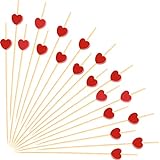 100pcs Red Heart Cocktail Picks 4.7' Long Fruit Sticks Food Toothpicks Sandwich Appetizer Charcuterie Skewers, Handmade of Bamboo Wood, for Birthday, Wedding, Valentines Day Decoration Party Supplies