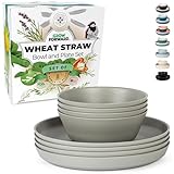 Grow Forward Premium Wheat Straw Plates and Bowls Sets - 8 Unbreakable Microwave Safe Dishes - Reusable Wheat Straw Dinnerware Sets - Plastic Plates and Bowls Alternative for Camping, RV - Feather