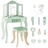 Costzon Kids Vanity Set, 2 in 1 Princess Makeup Dressing Table & Chair Set w/Detachable Tri-fold Mirror, Toddler Vanity with Drawer & Accessories, Pretend Play Vanity Set for Little Girls (Green)