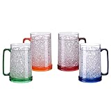 Easicozi Double Wall Gel Frosty Freezer Ice Mugs Clear 16oz Set of 4 (Blue, Red, Orange and Green)