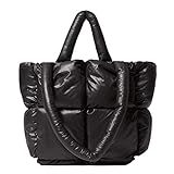 Women Padded Shoulder Bag Luxury Check Puffer Tote Bag Soft Pillow Handbag Quilted Puffy High Capacity Underarm (Black)