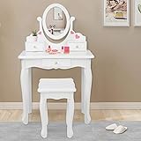 JOYMOR Kids Vanity Set with 3 Drawers and Real Mirror, Princess Vanity Table and Chair Set, Makeup Dressing Table with Rotatable Mirror for Girls
