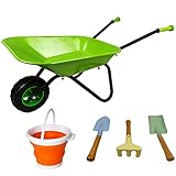 KOVOME Kid's Wheelbarrow Toy, Gardening Metal Small Wheel Barrow Wagon Set, Yard Tools Gift for Boys and Girls, Children Barrows (Green and Black)