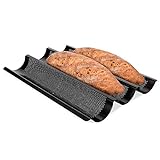 Baguette Baking Tray French Perforated Baguette Pan for French Style Bread Sticks - Nonstick Perforated Bread Pan with Stainless Steel Dough Scraper Pan Mould (French Baguette Pan 3-Loaf, Black)