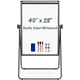 Stand White Board Magnetic 40 x 28 inches Dry Erase Board Double Sided Height Adjustable Flip Chart Easel Portable Whiteboard with Flipchart Hooks for Teaching Presentation Meeting, Black