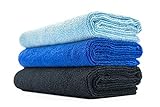 The Rag Company - Sport & Workout Towel - Gym, Exercise, Fitness, Spa, Ultra Soft, Super Absorbent, Fast Drying Premium Microfiber, 320gsm, 16in x 27in, Royal Blue + Light Blue + Black (3-Pack)