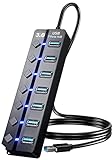 USB 3.0 Hub, PANPEO 7-Port USB Data Hub Splitter with 3ft Long Cable USB Extension for Laptop,PC Computer,Surface Pro, PS4/5, Flash Drive, Mobile HDD - with LED Individual On/Off