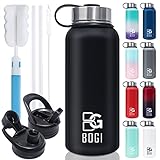 BOGI Insulated Water Bottle 32 oz, Double Wall Vacuum Stainless Steel Water Bottle with Straw and 3 Lids, Sweat-Proof Wide Mouth Metal Water Bottle Keeps Hot or Cold for Sports Gym Office (Black)