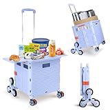 Foldable Utility Cart Collapsible Portable Crate Rolling Carts with Stair Climbing Wheels Tote Basket with Magnetic Lid Telescopic Cover Wear-Resistant 360°Rotate Wheel Noiseless for Shopping Office