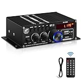 Bluetooth 5.0 Audio Power Amplifier AK-380 400W+400W 2.0 CH HiFi Stereo Amp Receiver with USB,SD,AUX,Remote Control,FM Antenna for Car Home Speaker Bar Party-(Without Power Adapter)