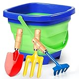 Kids Beach Sand Shovels with Foldable Bucket, Garden Tool Set for Adults, Metal Beach Sand Spade Spoon Hoe Rake with Sturdy Wooden Handle, Beach Sandbox Toy for Digging Camping Collecting Shells