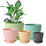 Plastic Flower Pots 7.5/6.7/6/5/4 Inch Plant Pots with Drainage Hole and Base Saucer, Modern Decorative Planters Pots for All Indoor Plants, Aloe, Snake Plants, Herbs, Colorful