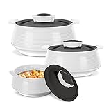 Milton Casserole for hot food, Double walled insulated inner Stainless Steel hot pot with lid, Serving box for food and roti, insulated serving bowl with lid, Set of 3 Venice, Micro White