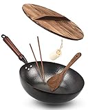 Bielmeier Wok Pan 12.5', Woks and Stir Fry Pans with lid, Carbon Steel Wok with Cookware Accessories, Wok with Lid Suits for all Stoves(Flat Bottom Wok)