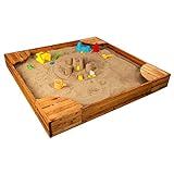 KidKraft Wooden Backyard Sandbox with Built-in Corner Seating and Mesh Cover, Kid's Outdoor Furniture, Honey, Gift for Ages 2-8