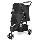 Pet Dog Stroller, 3 Wheel Cat Dog Stroller with Storage Basket and Cup Holder for Small and Medium Cats, Dogs Travel Folding Carrier Stroller (Black)