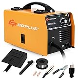 Goplus No Gas 130 MIG Welder, IGBT Inverter Automatic Feed Flux Core Wire Welding Machine w/Free Mask and Portable Handle, Synergic Adjustment Function(Yellow)