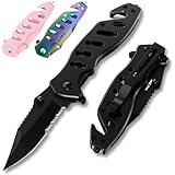 Tactical Legal Knife for Men Women - 2.75 Inch Serrated Blade - Small Black Pocket Knife with Glass Breaker Seatbelt Cutter - Cool Folding Knives for Camping Work EDC - Mens Birthday Gift Ideas 6655 B