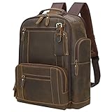 Masa Kawa Vintage Full Grain Leather 15.6' Laptop Backpack for Men Large Camping Travel Rucksack Weekender Daypack, Brown