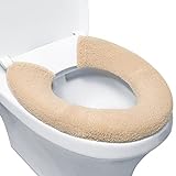 Toilet Seat Cover,Bathroom Soft Thicker Warmer with Snaps Fixed Stretchable Washable Fiber Cloth Toilet Seat Covers Pads Easy Installation& Cleaning (beige)