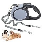 Dual Retractable Dog Leash - Walk 2 Dogs up to 110 lbs - Heavy Duty Double Headed 16 ft Extendable Dog Leash for Small Medium Dogs Walking Training Grey