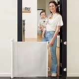 Momcozy Auto Lock Retractable Baby Gate, Safety Gate for Baby and Pet, 33” Tall, Extends to 55” Wide, Mesh Safety Dog Gate for Stairs, Indoor, Outdoor, Doorways, Hallways
