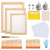 35 Pieces Screen Printing Kit, Include 3 Size of Wood Silk Screen Printing Frames with 150 Mesh, Butterfly Hinge Clamp, Screen Print Squeegees, Ink Knife, Inkjet Transparency Film
