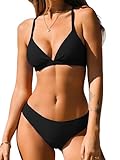 CUPSHE Bikini Set for Women Two Piece Swimsuits V Neck Low Rise Crisscross Back Self Tie Spaghetti Straps,S Black