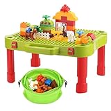 3 in 1 Kids Activity Table, Kids Play Table Set with 42 Blocks, Building Blocks Kit Compatible with Mega Blocks and Lego Duplo, Foldable Activity Desk, Play Board, and Toy Storage for Toddlers
