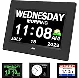 Alarm Clock with Day and Date for Elderly 7inch Digital Calendar Clock Photo Frame- Auto Dimmable Display 15 Alarm Options, Clock with Non-Abbreviated Day & Month