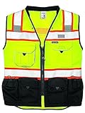 Kishigo Premium Black Series Unisex Surveyors Vest S5002, Class 2 Hi-Vis Safety Vest, 10 Pockets with Reinforced Front Zipper Closure & Durable Webbing, ANSI/ISEA 107 Compliant