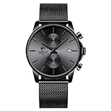 GOLDEN HOUR Men’s Watch Fashion Sport Quartz Analog Mesh Stainless Steel Waterproof Chronograph Watches, Auto Date in Grey Hands, Color: Black
